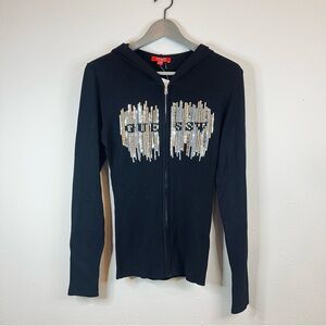 GUESS Sequins Logo Black Knit Women’s Sweater Hoodie Size Medium NWT